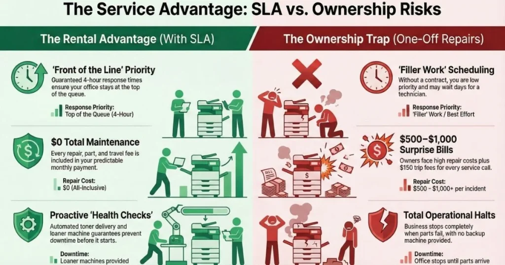 Comparison chart for El Paso offices showing rental benefits like 4-hour response times versus ownership risks like $1,000 repair bills.