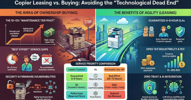 Infographic for El Paso businesses comparing copier ownership risks like 15% cost escalation versus leasing benefits like guaranteed 4-8 hour SLAs.