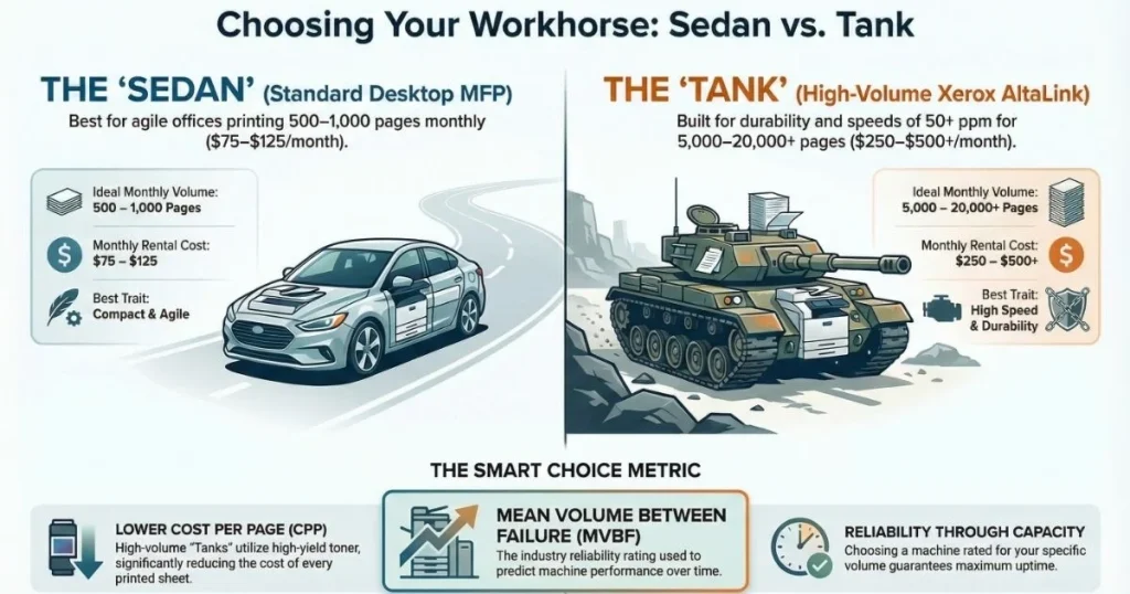 A visual comparison for El Paso business owners between compact desktop MFPs and high-volume Xerox AltaLink "tanks" based on monthly page volume.