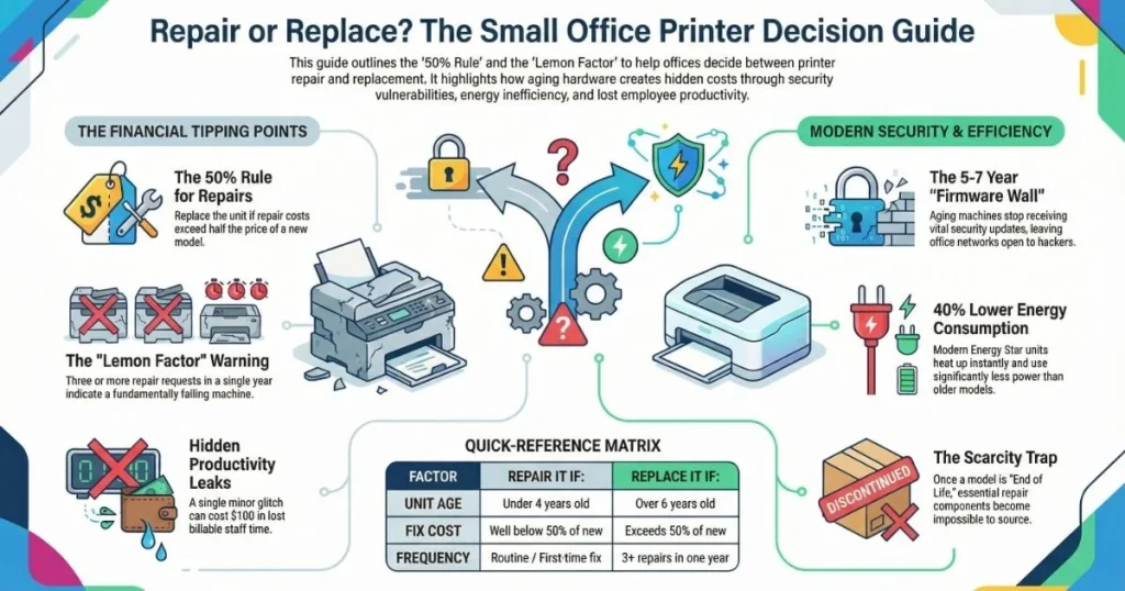 A financial tipping point matrix for Printer Repair in El Paso businesses, highlighting the scarcity trap and firmware security barriers.