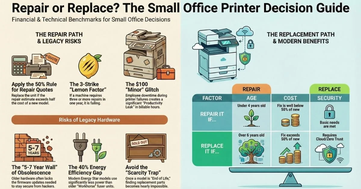 Visual guide for El Paso offices deciding on Printer Repair, featuring the 50% rule, 3-strike lemon factor, and legacy hardware risks.