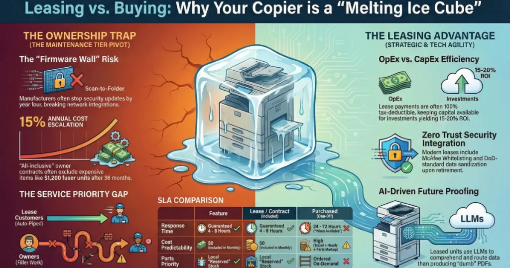Visual of a copier in a melting ice cube to show depreciating value and the $1,200 fuser unit risk for companies in El Paso, TX 79925