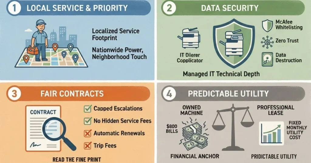 Four-step guide to a Reliable Copier Lease in El Paso, covering local service footprints, Data Security, Fair Contracts, and Predictable Utility.