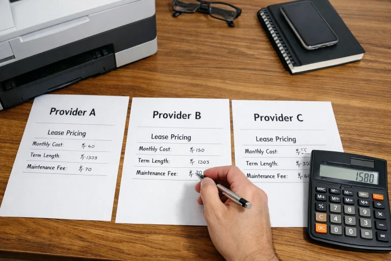 A business professional in El Paso comparing copier lease pricing quotes from three different providers with a calculator and modern office hardware.
