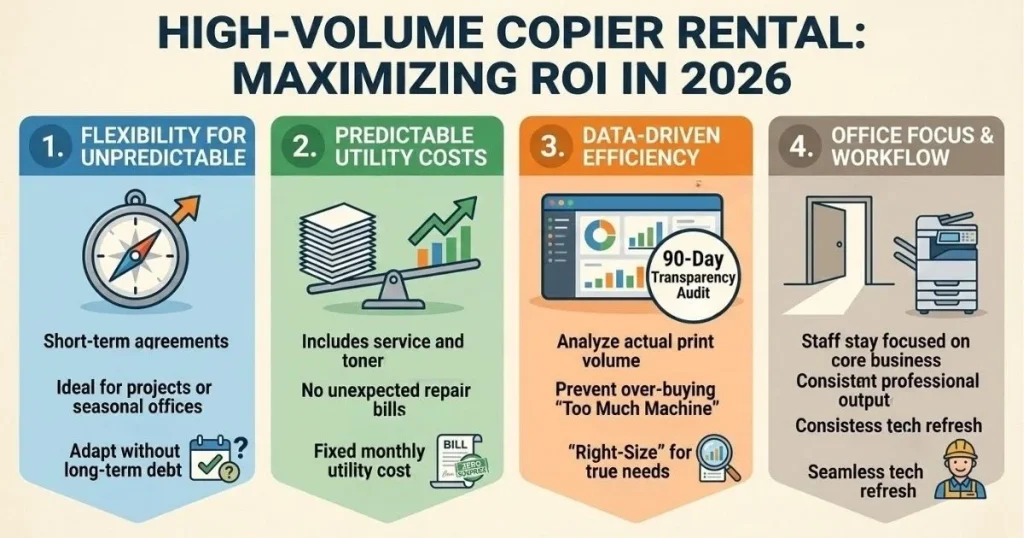 Four-step guide to maximizing ROI and managing Copier Rental Cost in El Paso through 90-day transparency audits and data-driven efficiency.