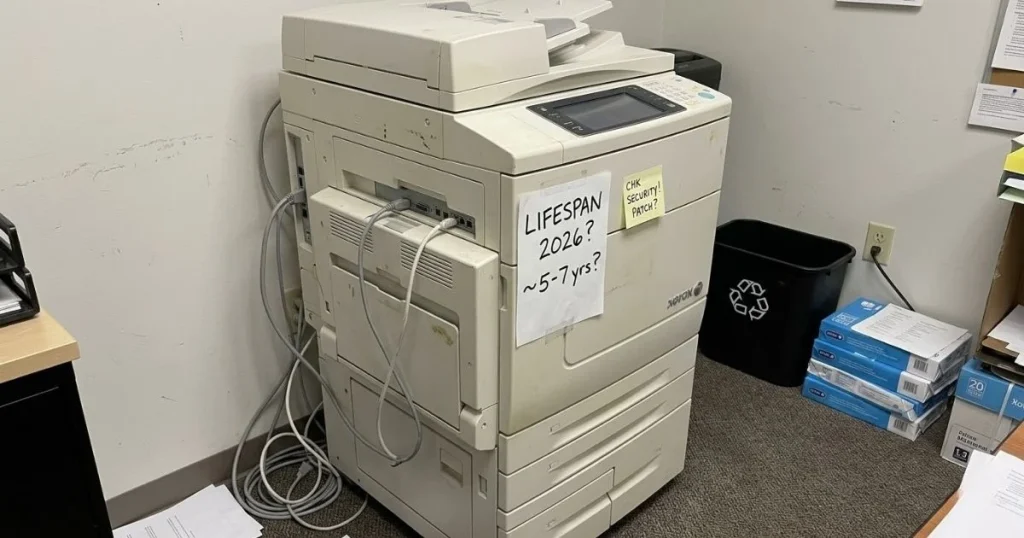 An older Xerox copier in an El Paso office corner with a handwritten note regarding its 2026 lifespan and security patch requirements.