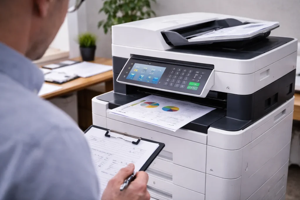 An office worker at 8889 Gateway Blvd W reviewing high-quality color charts from enterprise-grade multifunction copiers.