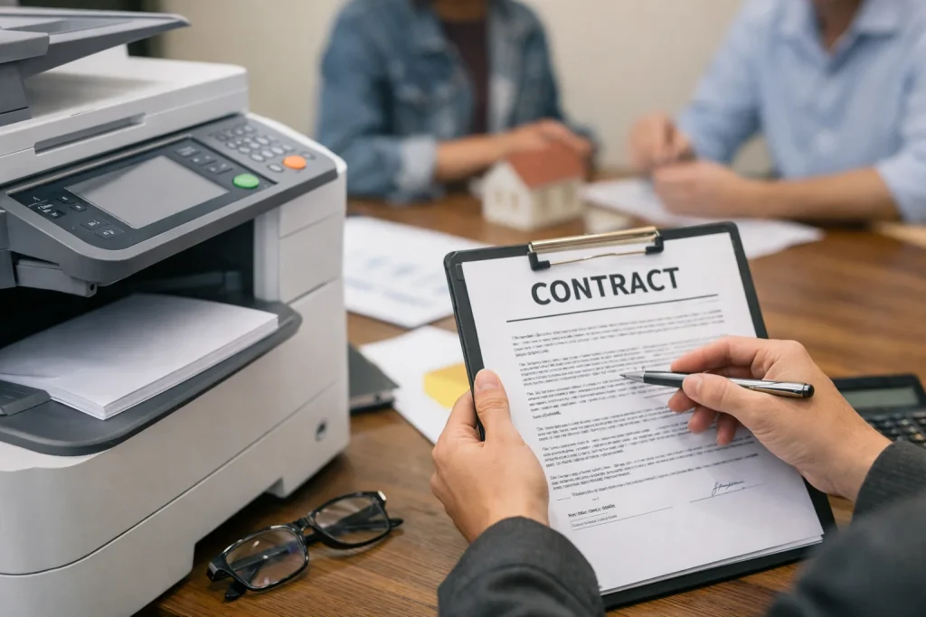 A close-up of a business professional reviewing an El Paso copier lease contract to avoid traps.