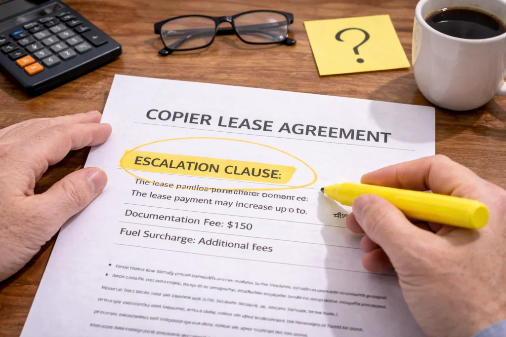 Hand highlighting a clause in an El Paso Copier Lease Agreement to ensure all terms are understood.