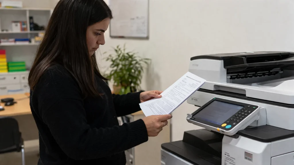 A woman standing by an office copier reviewing a document for El Paso copier lease traps.