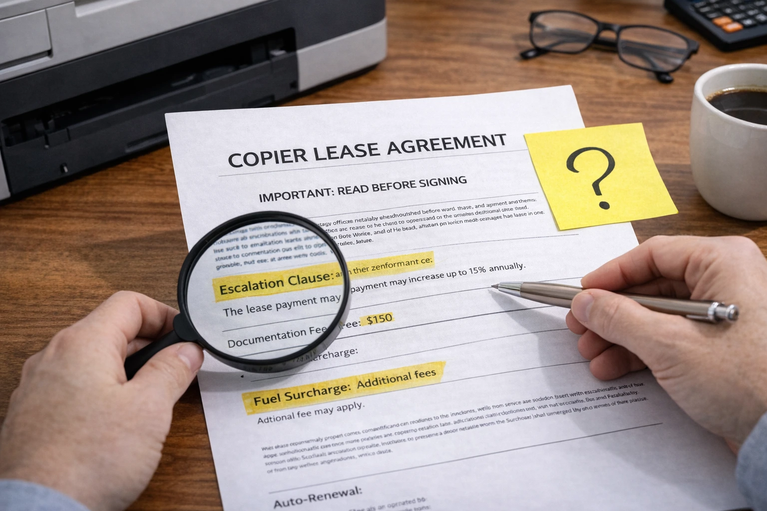 A business owner using a magnifying glass to inspect the fine print of El Paso Copier Lease Agreements.