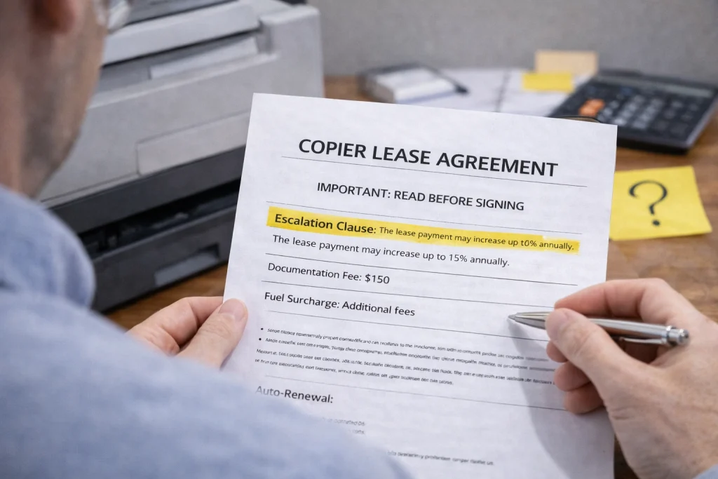 Person reviewing the "Important: Read Before Signing" section of El Paso Copier Lease Agreements.