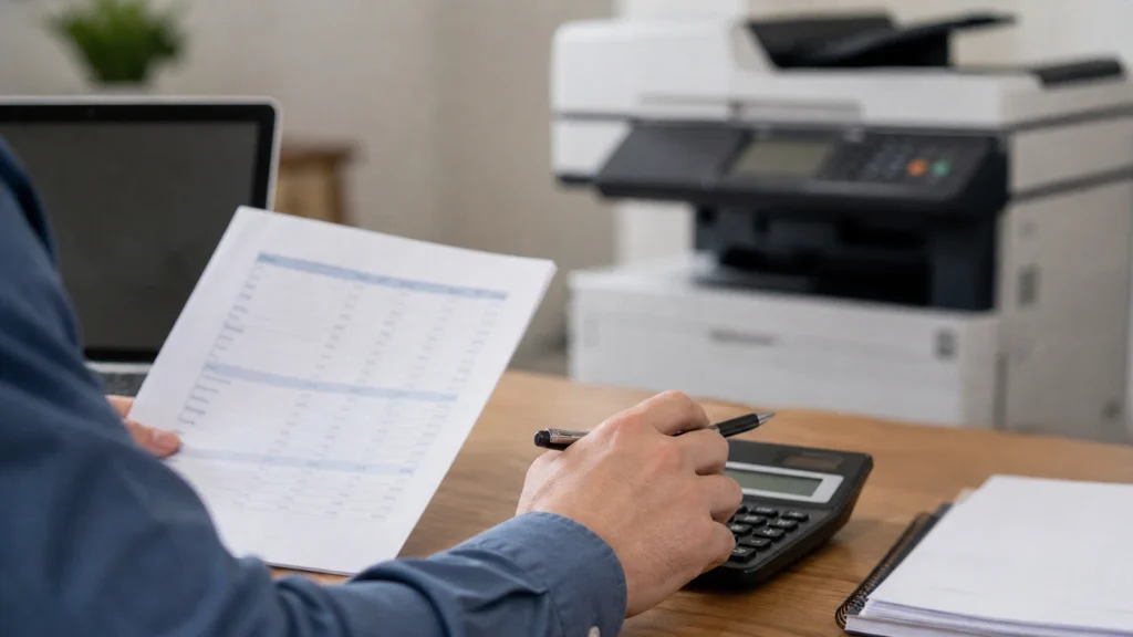 A small business owner using a calculator to determine El Paso copier lease costs.