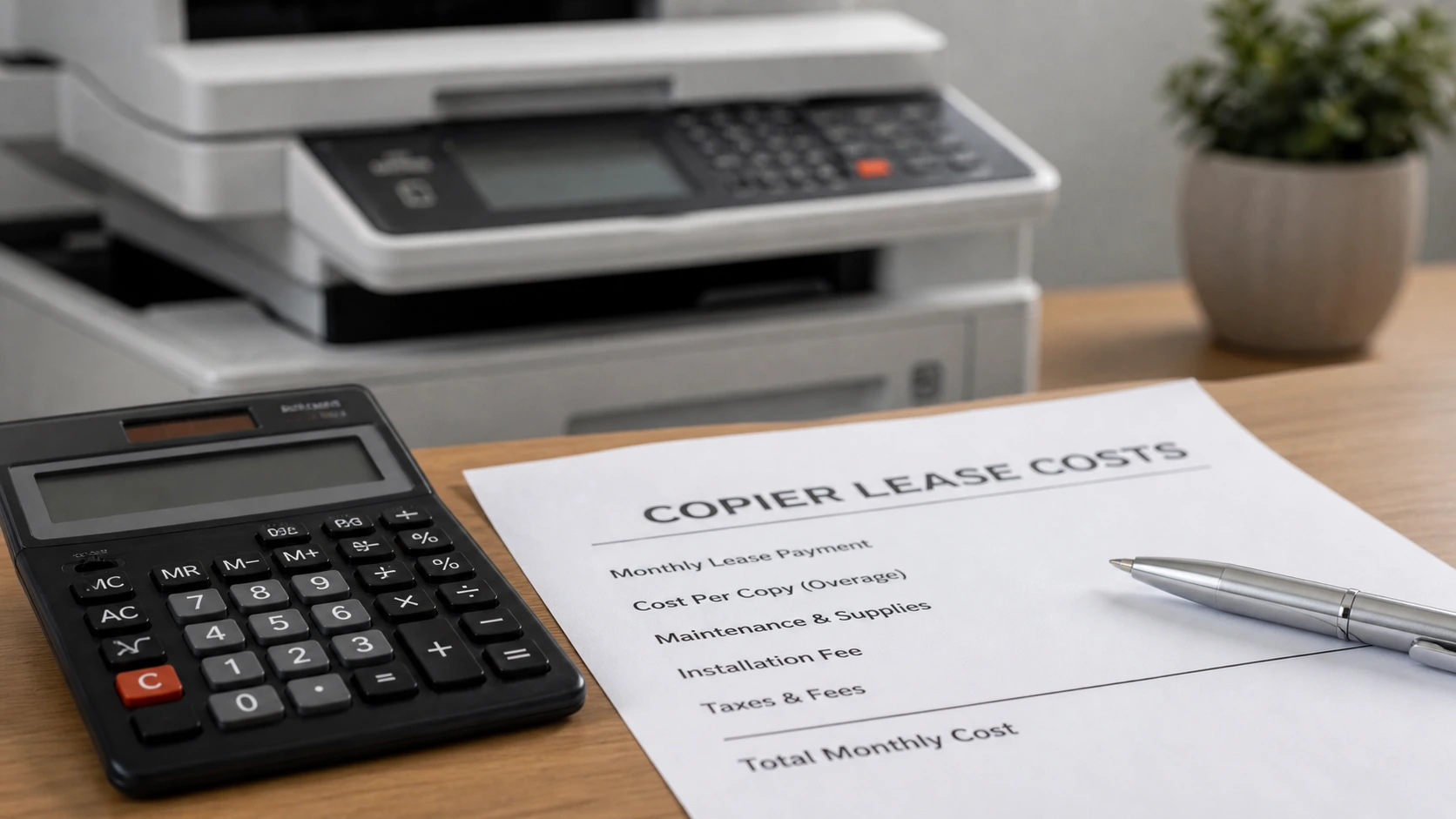A document on a desk listing El Paso copier lease costs including maintenance and fees.