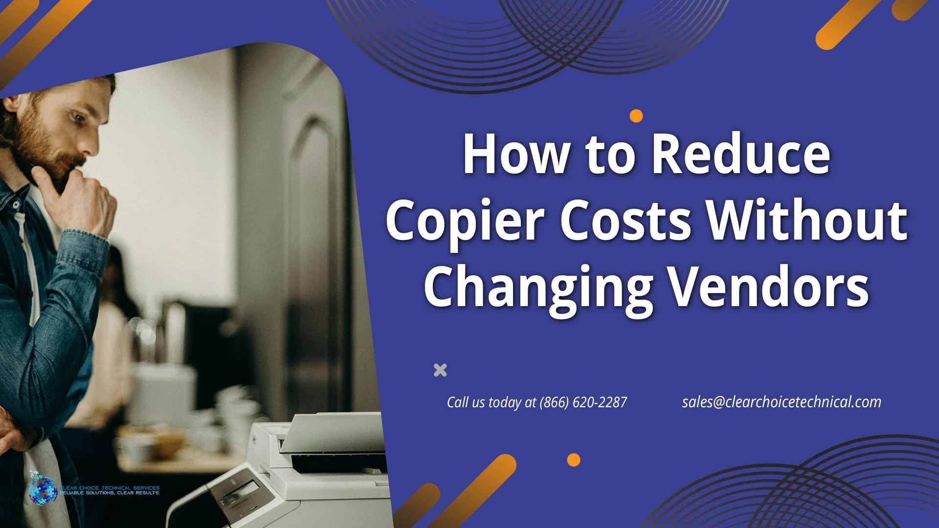 Businessman thinking beside an office copier in El Paso considering how to reduce copier costs without changing vendors
