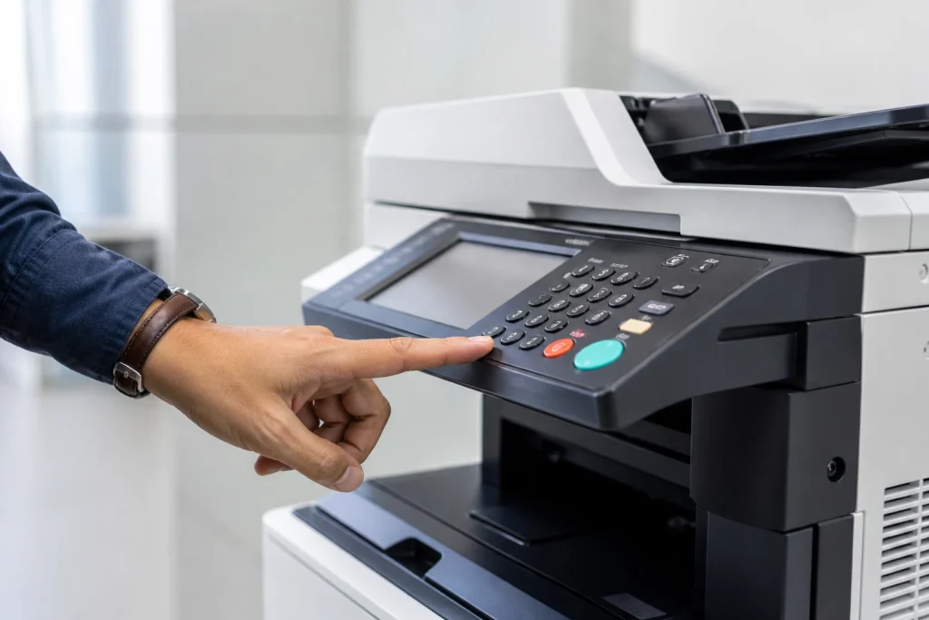 A person operating an office printer to manage El Paso copier lease costs.