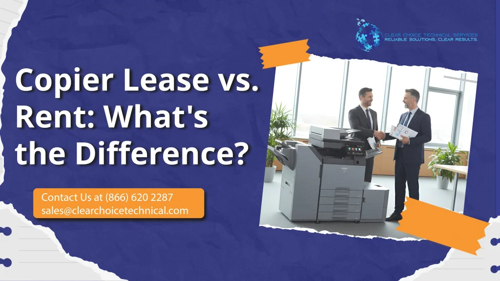 Two El Paso business professionals shaking hands beside a Sharp copier after deciding between copier lease vs rent