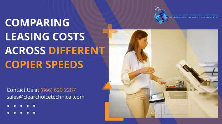 Promotional graphic asking about "COMPARING LEASING COSTS ACROSS DIFFERENT COPIER SPEEDS" beside a woman using an office scanner.