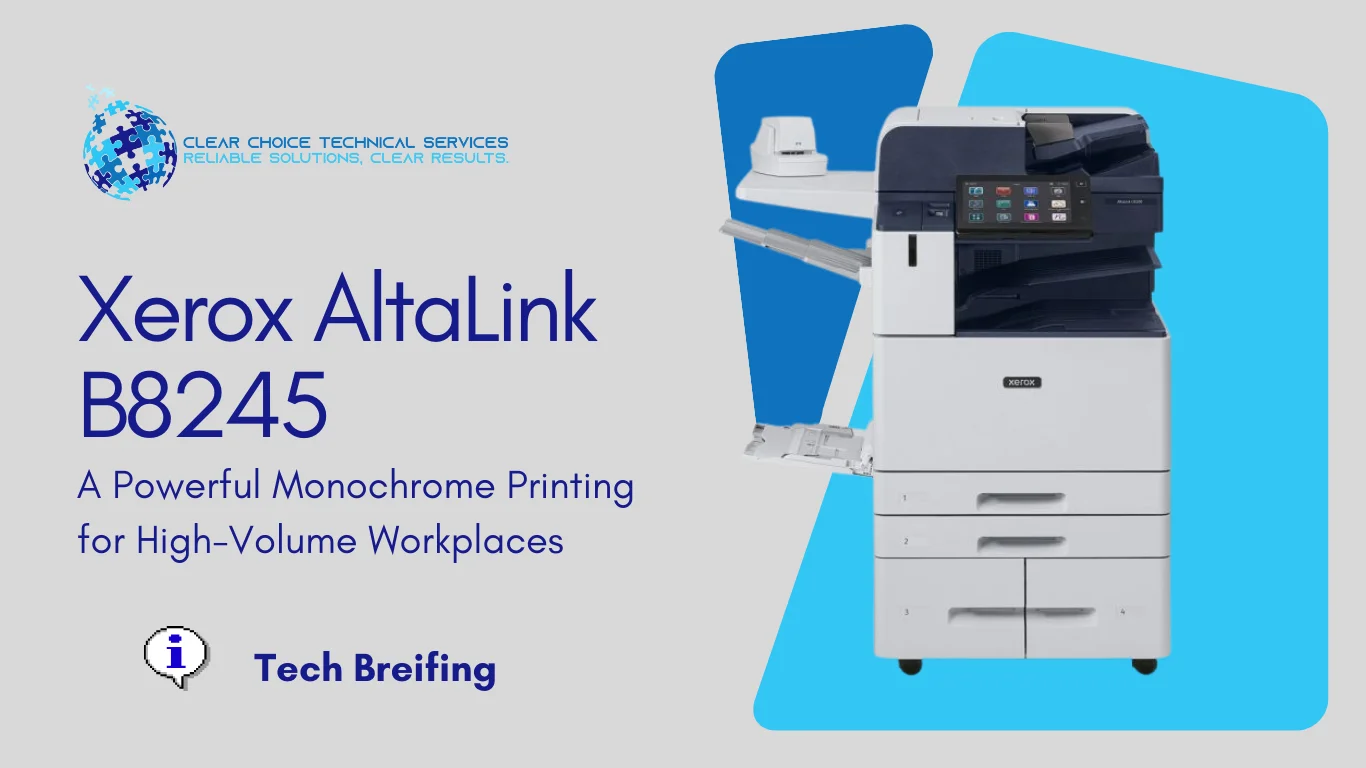 Xerox AltaLink B8245 black-and-white multifunction printer with high-capacity tandem tray and touchscreen at 8889 Gateway Blvd W, El Paso, TX.