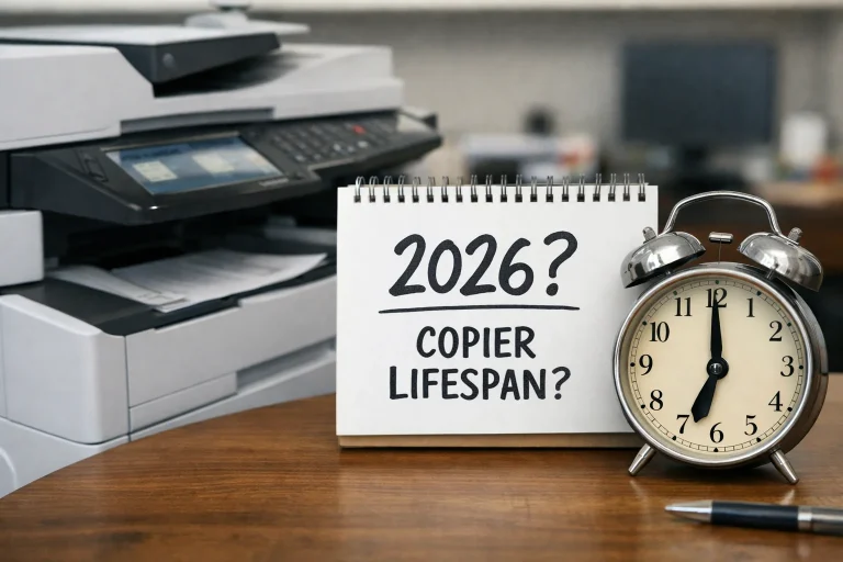 A desktop calendar and alarm clock next to a modern office copier questioning the average machine lifespan for El Paso businesses in 2026.