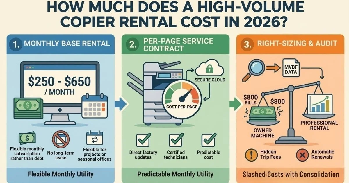 Infographic showing an El Paso Copier Rental Cost between $250 and $650 per month, featuring flexible monthly subscriptions and no long-term debt.