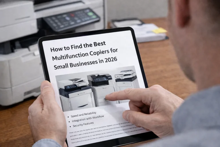 A business professional in El Paso using a tablet to configure multifunction copiers for cloud scanning and remote printing.