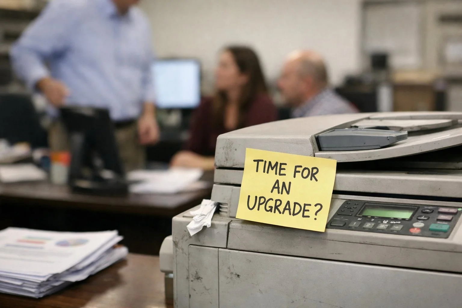 A dusty office printer with a yellow sticky note asking "Time for an upgrade?" in an El Paso office.